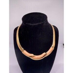 NAPIER PAT PEND Flat Link Enamel Choker Necklace - Goldtone Pink Salmon Color